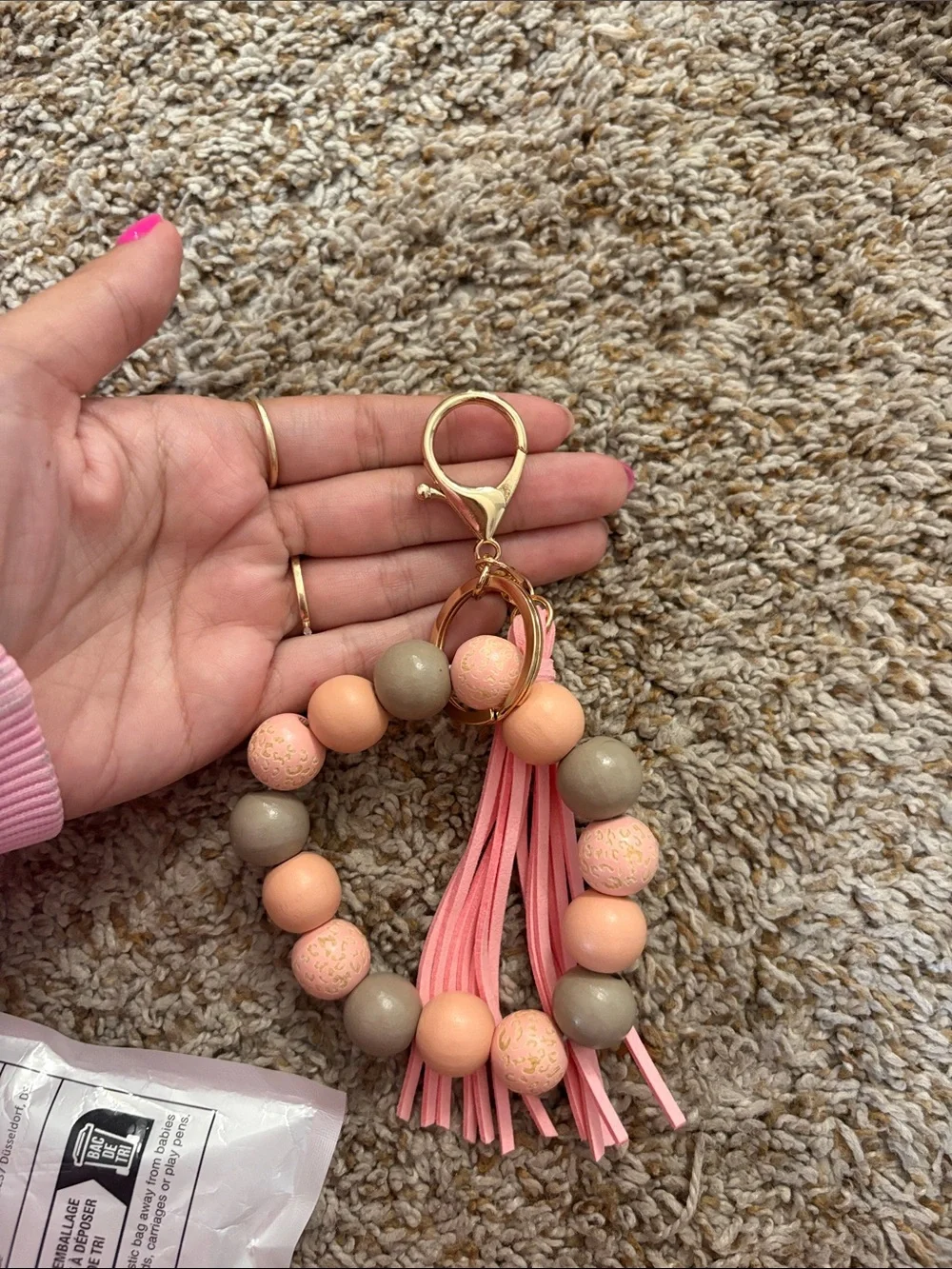 Amazon Pink and Gray Beaded Tassel Key Ring with Gold Hardware